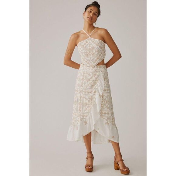 NEW ANTHROPOLOGIE Sz 10 BARE EMBROIDERED HALTER SKIRT IVORY - Picture 6 of 6